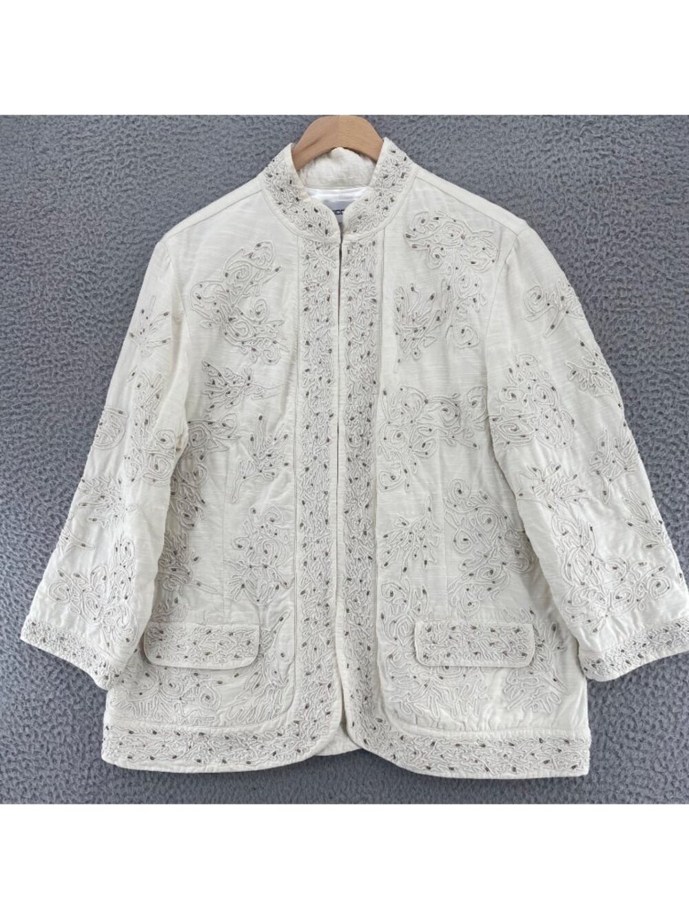 Chicos Jacket Womens 2 US 12 Ivory Tonal Embellished Beaded Pockets Cotton Blend